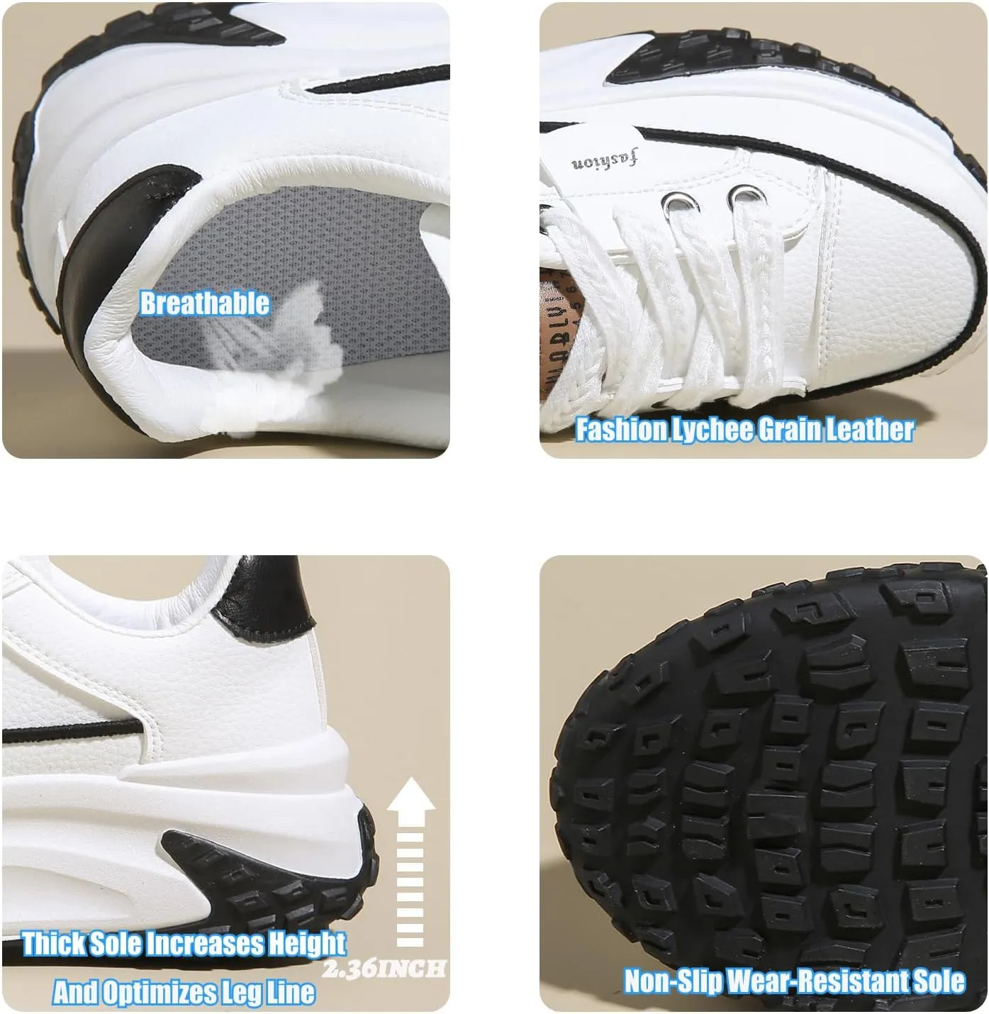 Women's Leather Soft Casual Sneakers,Lace-Up Platform Sneakers,Anti-Slip Shock Absorbing Heighten Fashion Running Sneakers