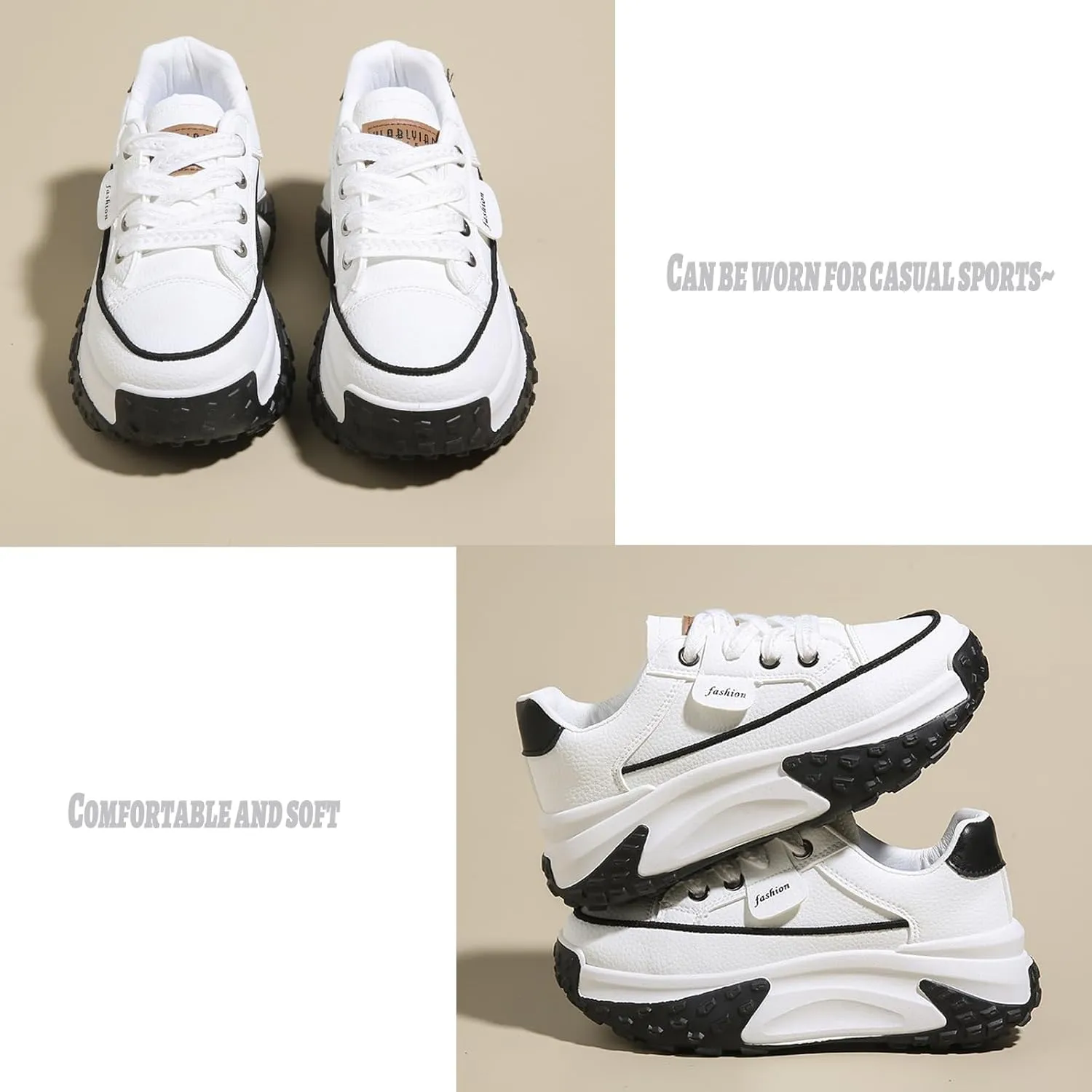 Women's Leather Soft Casual Sneakers,Lace-Up Platform Sneakers,Anti-Slip Shock Absorbing Heighten Fashion Running Sneakers