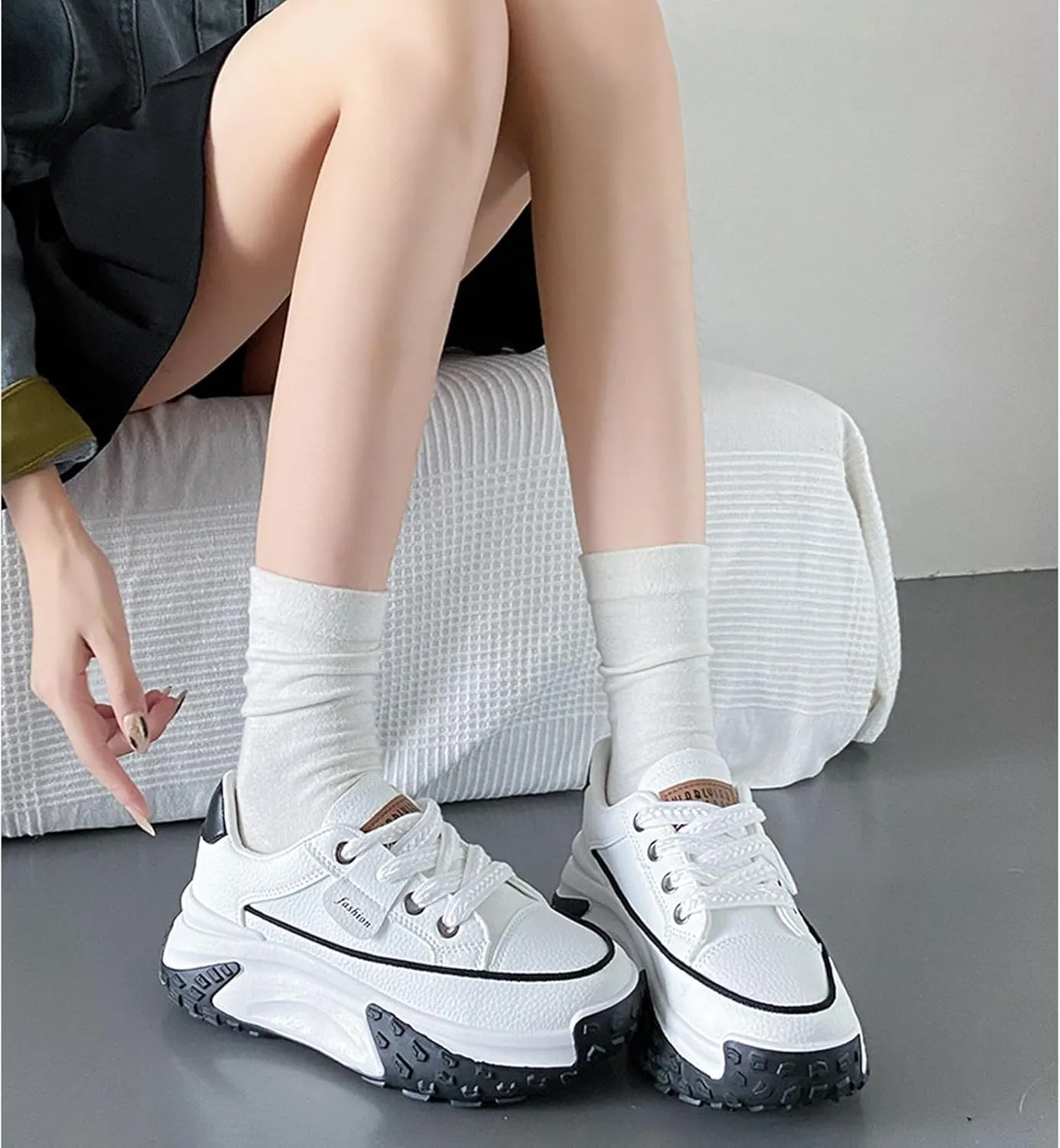 Women's Leather Soft Casual Sneakers,Lace-Up Platform Sneakers,Anti-Slip Shock Absorbing Heighten Fashion Running Sneakers
