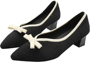 Women's Mesh Bow Low Chunky Heel Pumps Fashion Closed Pointed Toe Knit Slip-On Block Heels Dress Shoes for Wedding Party