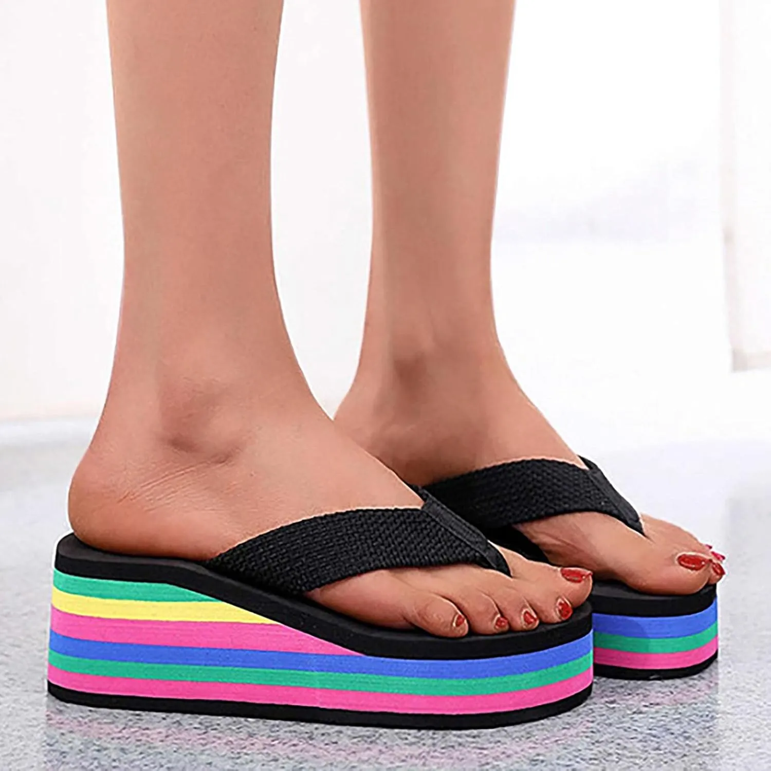 Women's Platform Wedge Sandals Lazy Slip On Flip Flops Clip On Arch Support Soft Soles Casual Beach Thong Slippers Breathable Bohemian Non Slip Boho Cozy Leisure Wide ballet women memory C65-Red