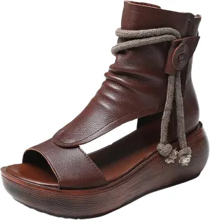 Women's Sandals Vintage Wedge Heel Thick Bottom Sandals Zipper Leather Open Toe Muffin Female Shoes Comfort Arch Support Pump