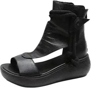 Women's Sandals Vintage Wedge Heel Thick Bottom Sandals Zipper Leather Open Toe Muffin Female Shoes Comfort Arch Support Pump