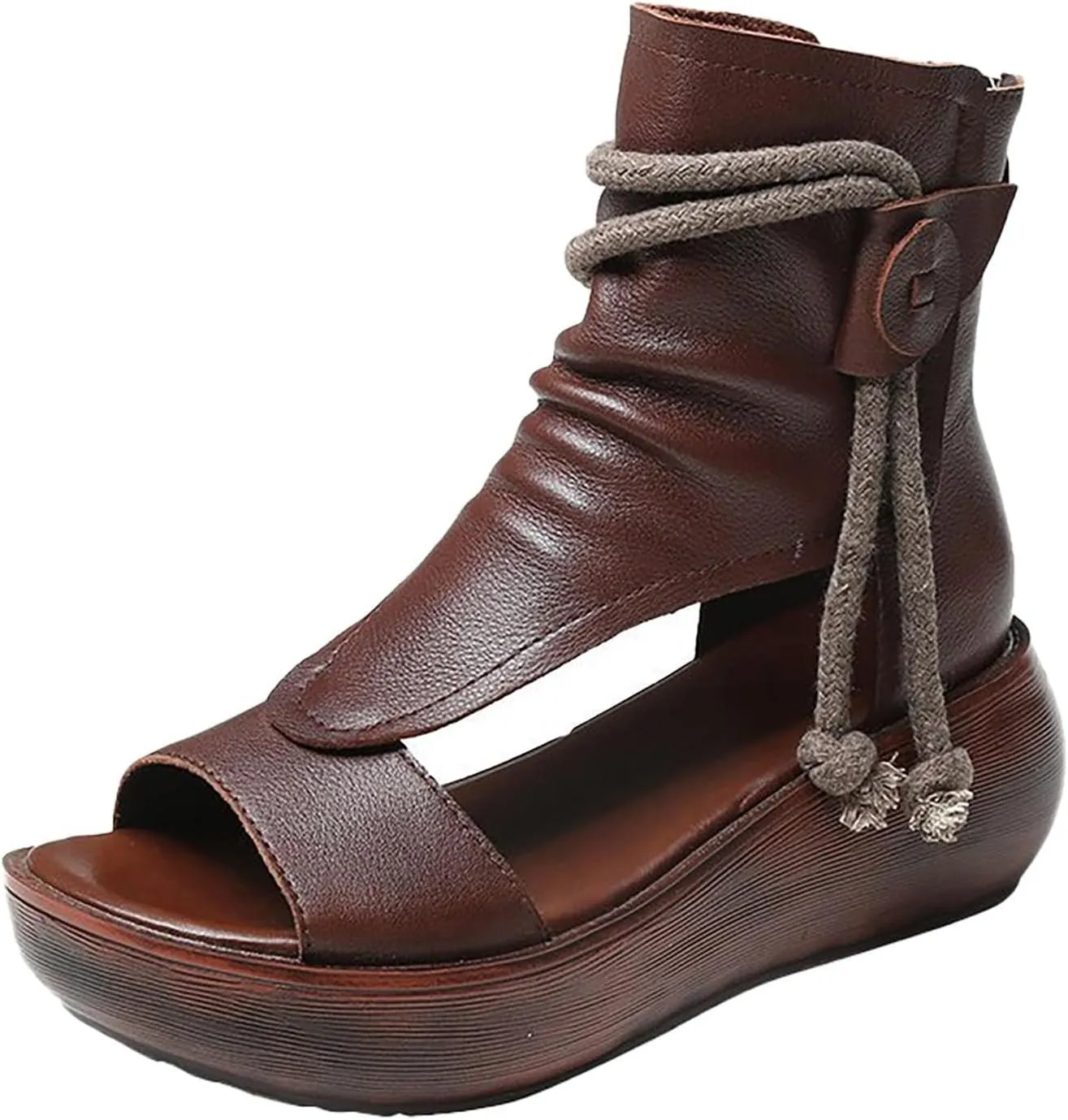 Women's Sandals Vintage Wedge Heel Thick Bottom Sandals Zipper Leather Open Toe Muffin Female Shoes Comfort Arch Support Pump