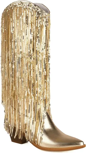 Women's Sequin Knee High Cowboy Boots Sparkly Metallic Fringed Cowgirl Boots Chunky Mid Heel Fashion Dress Booties Pull on