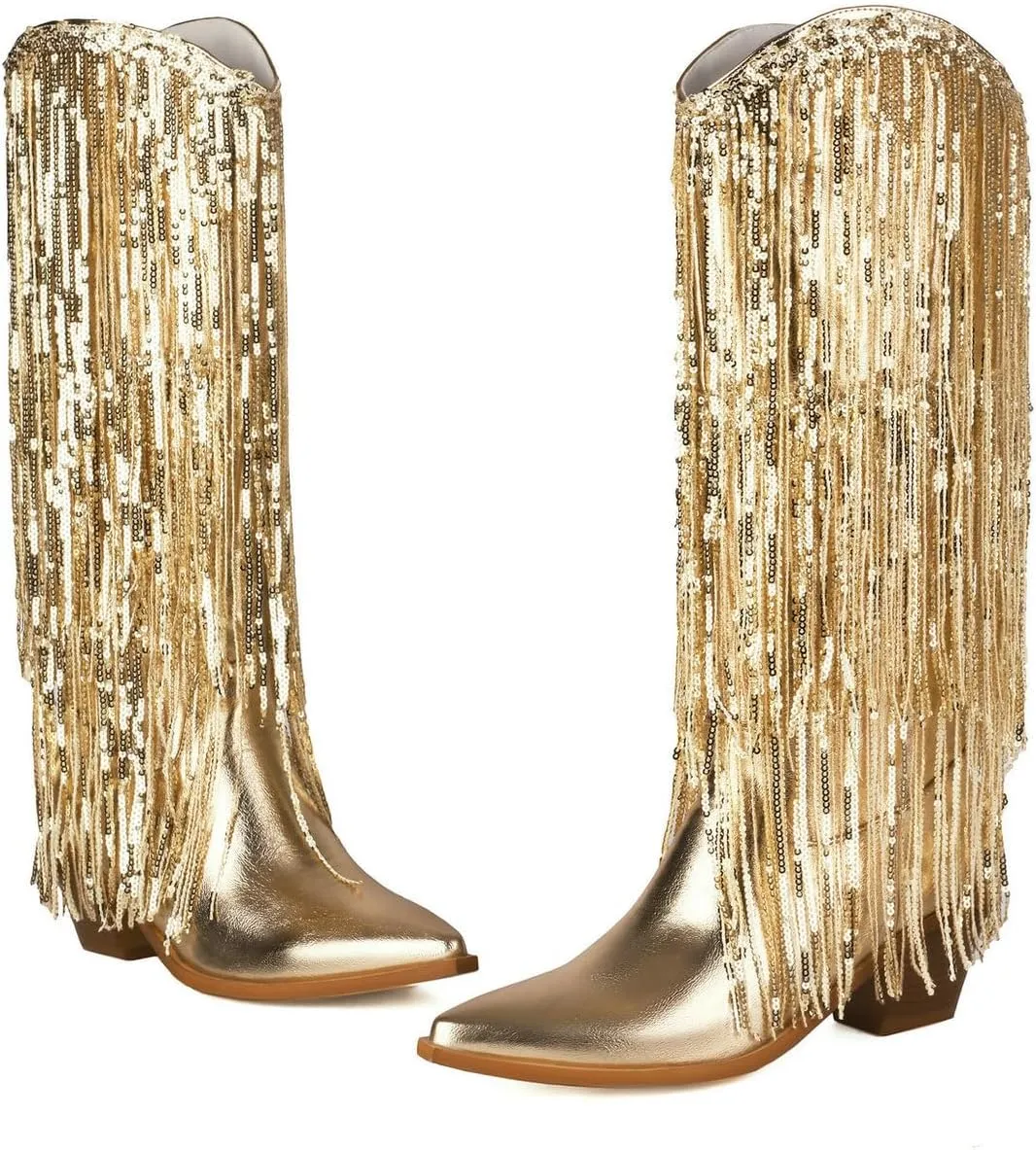 Women's Sequin Knee High Cowboy Boots Sparkly Metallic Fringed Cowgirl Boots Chunky Mid Heel Fashion Dress Booties Pull on