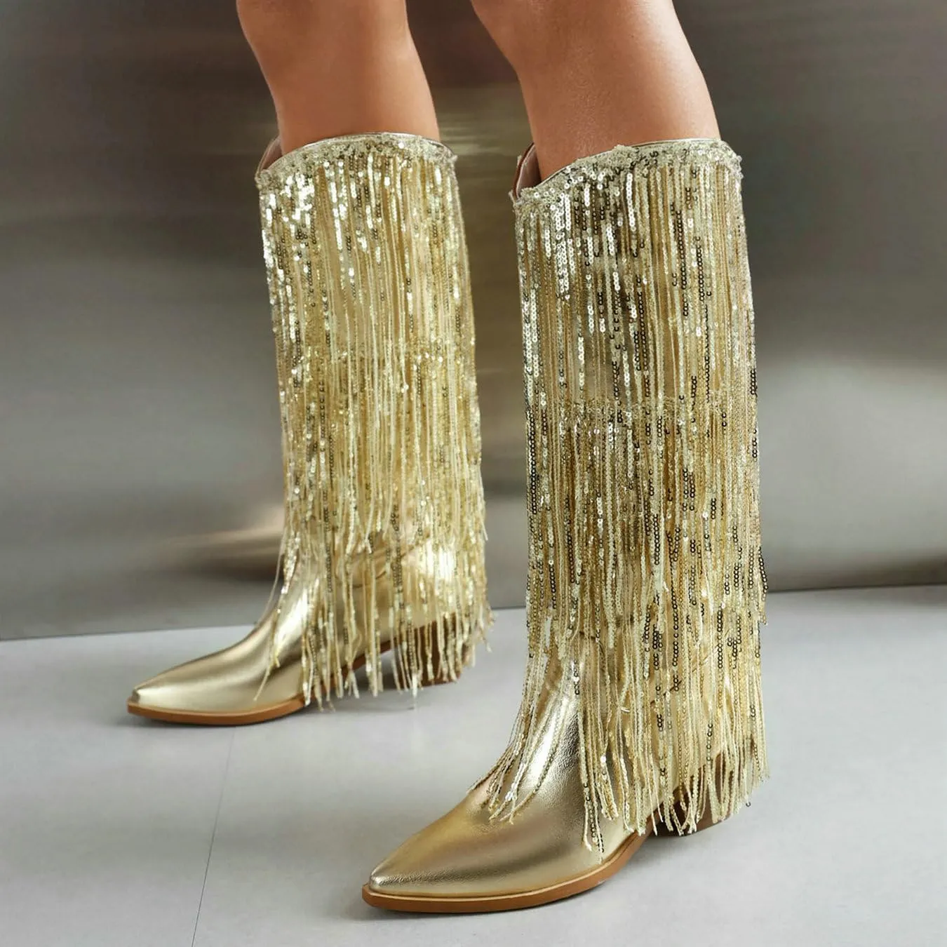 Women's Sequin Knee High Cowboy Boots Sparkly Metallic Fringed Cowgirl Boots Chunky Mid Heel Fashion Dress Booties Pull on