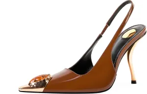 Women's Slingback Stiletto High Heels Crystal Metallic Closed Pointed Toe Pumps Patent Leather Slip on Elastic Strap Heeled Sandals Fashion Party Dress Shoes for Women(Brown,7)