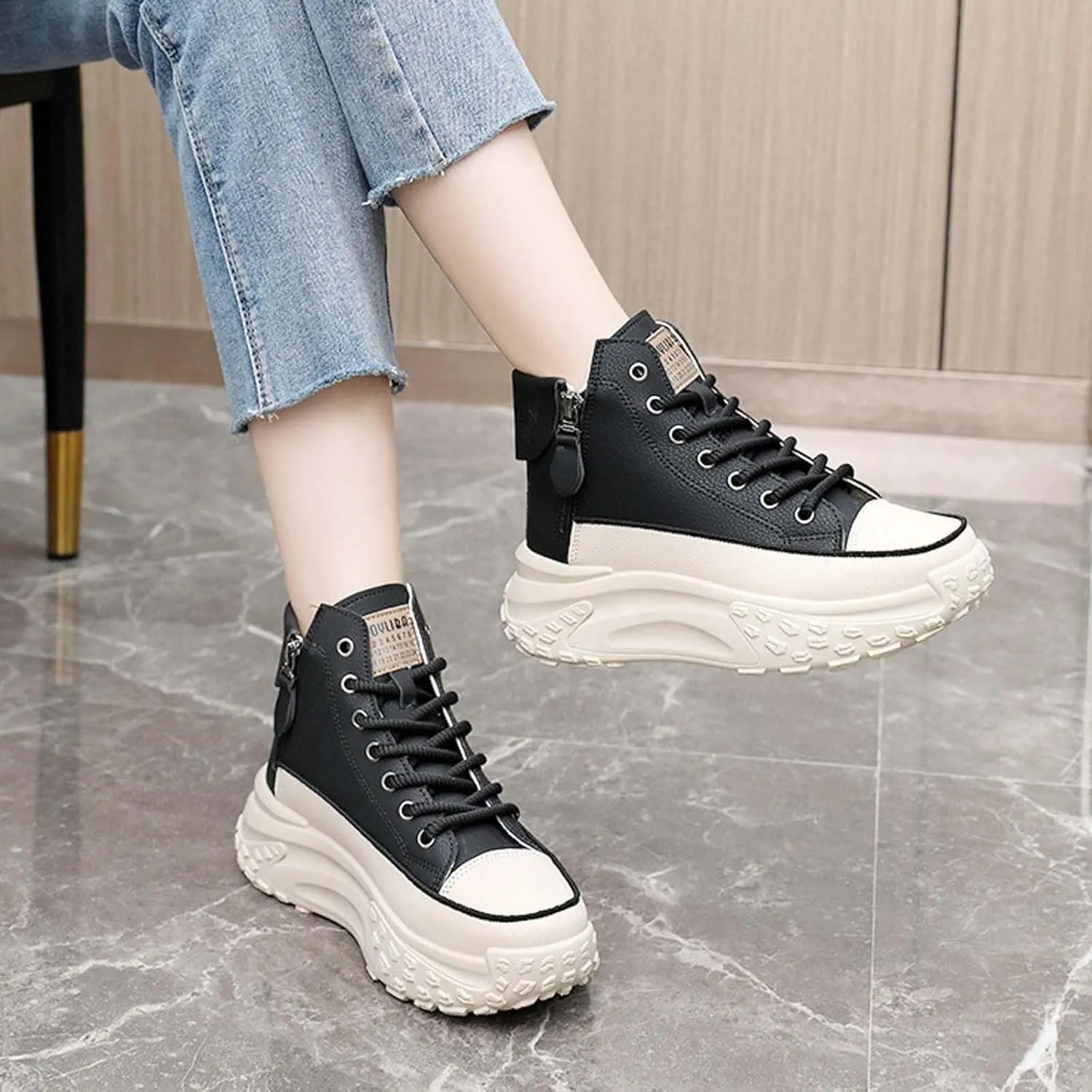 Women's Thick Sole Shoes Fashionable Round Toe Casual Shoes Women's Casual Shoes Height Increasing Shoes Beige