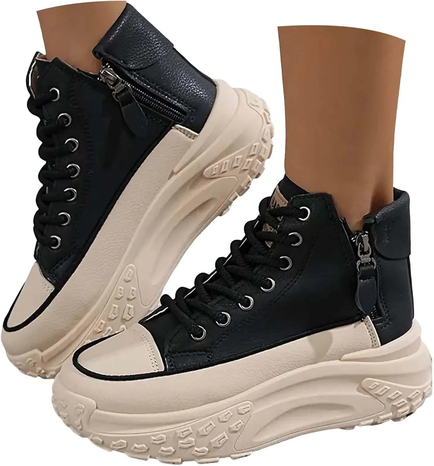 Women's Thick Sole Shoes Fashionable Round Toe Casual Shoes Women's Casual Shoes Height Increasing Shoes Beige