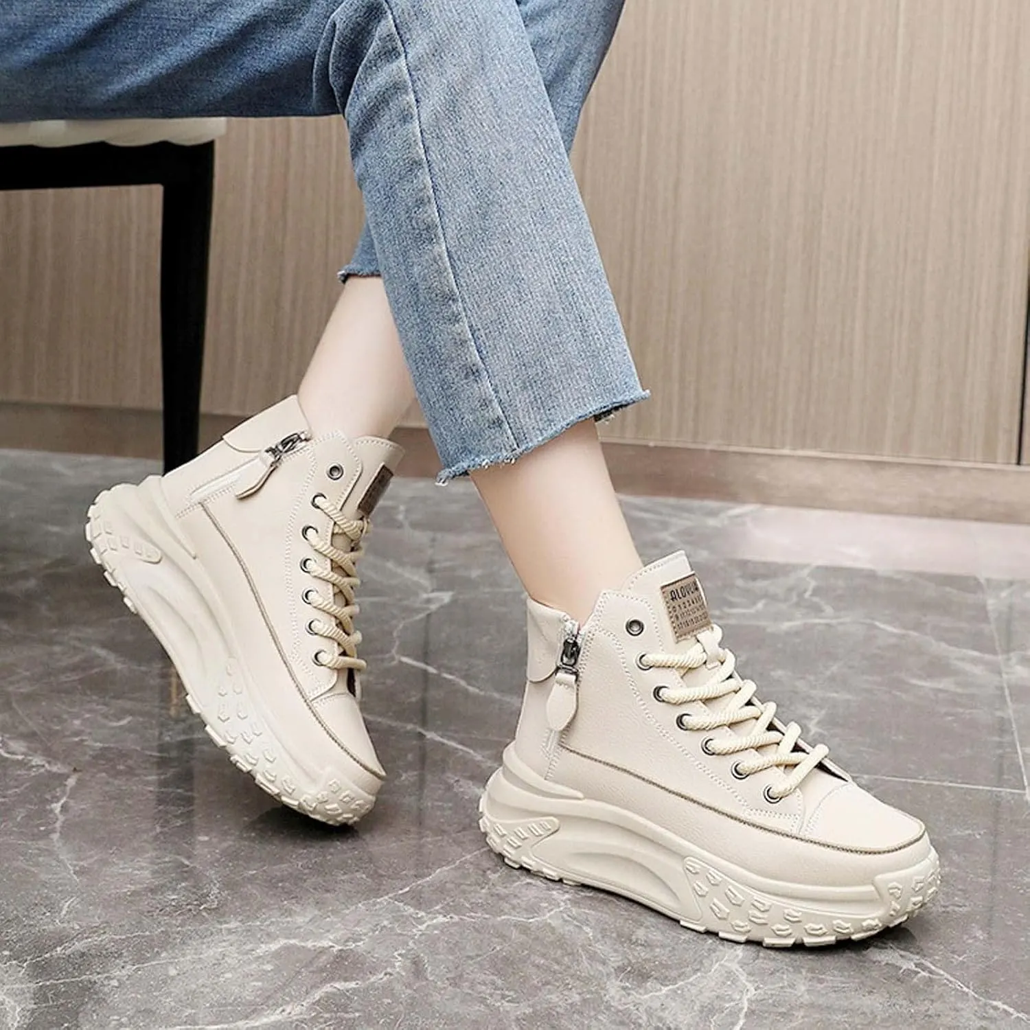 Women's Thick Sole Shoes Fashionable Round Toe Casual Shoes Women's Casual Shoes Height Increasing Shoes Beige