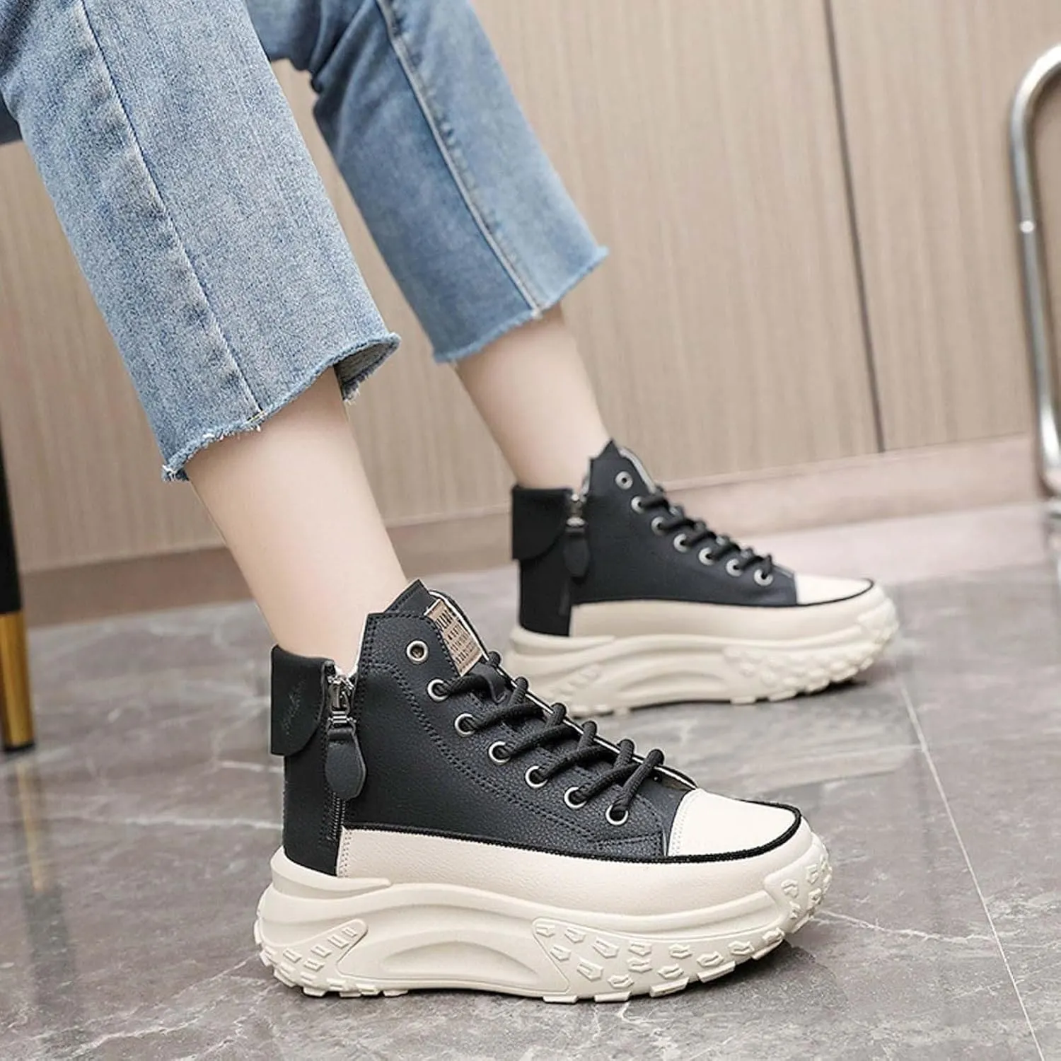 Women's Thick Sole Shoes Fashionable Round Toe Casual Shoes Women's Casual Shoes Height Increasing Shoes Beige