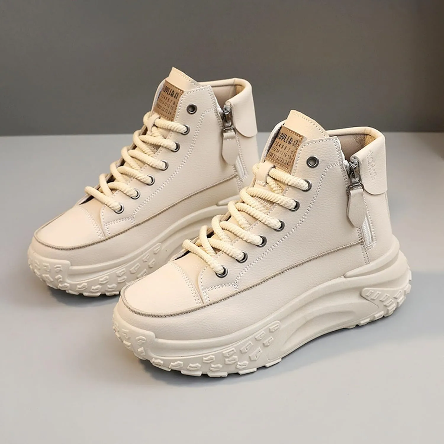 Women's Thick Sole Shoes Fashionable Round Toe Casual Shoes Women's Casual Shoes Height Increasing Shoes Beige