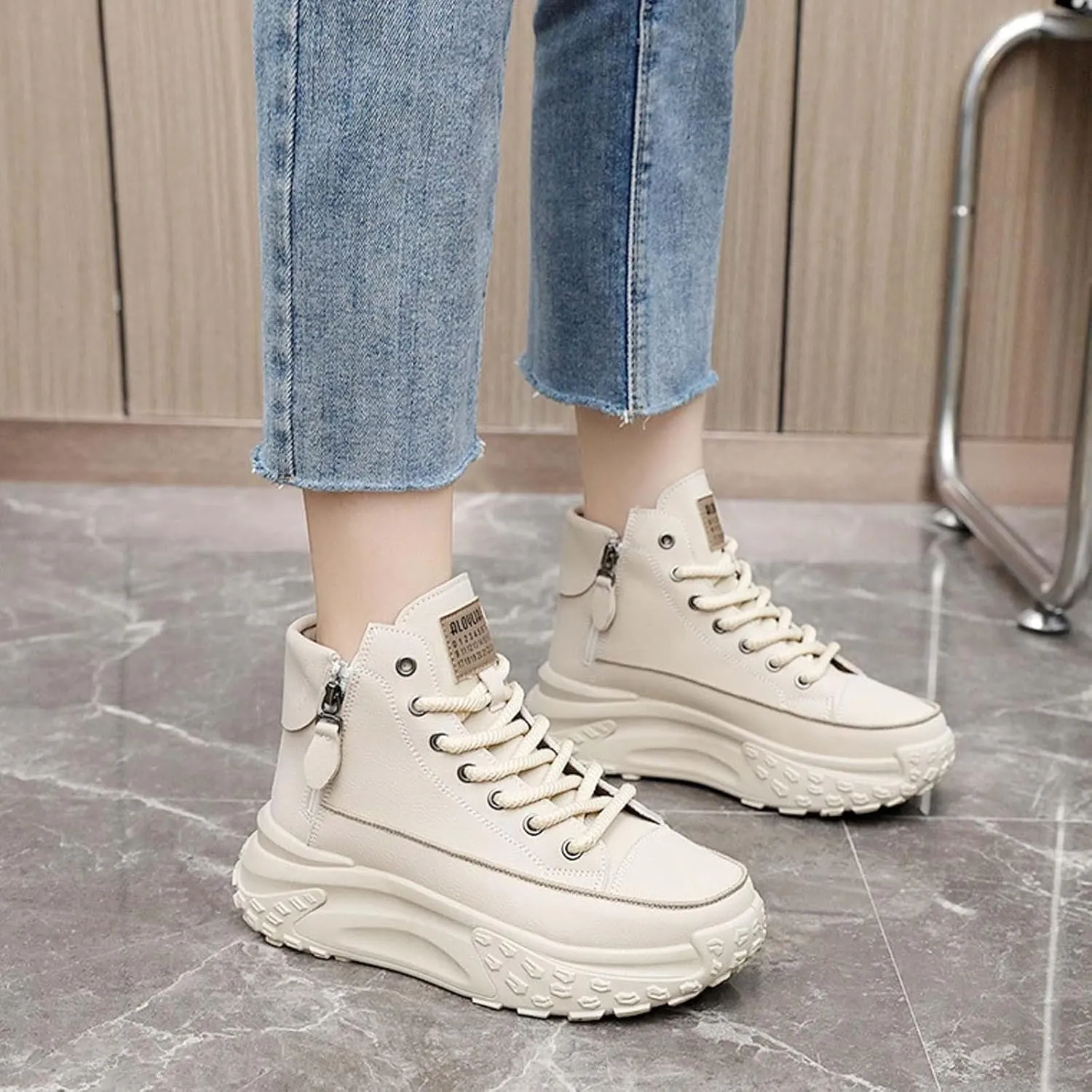 Women's Thick Sole Shoes Fashionable Round Toe Casual Shoes Women's Casual Shoes Height Increasing Shoes Beige