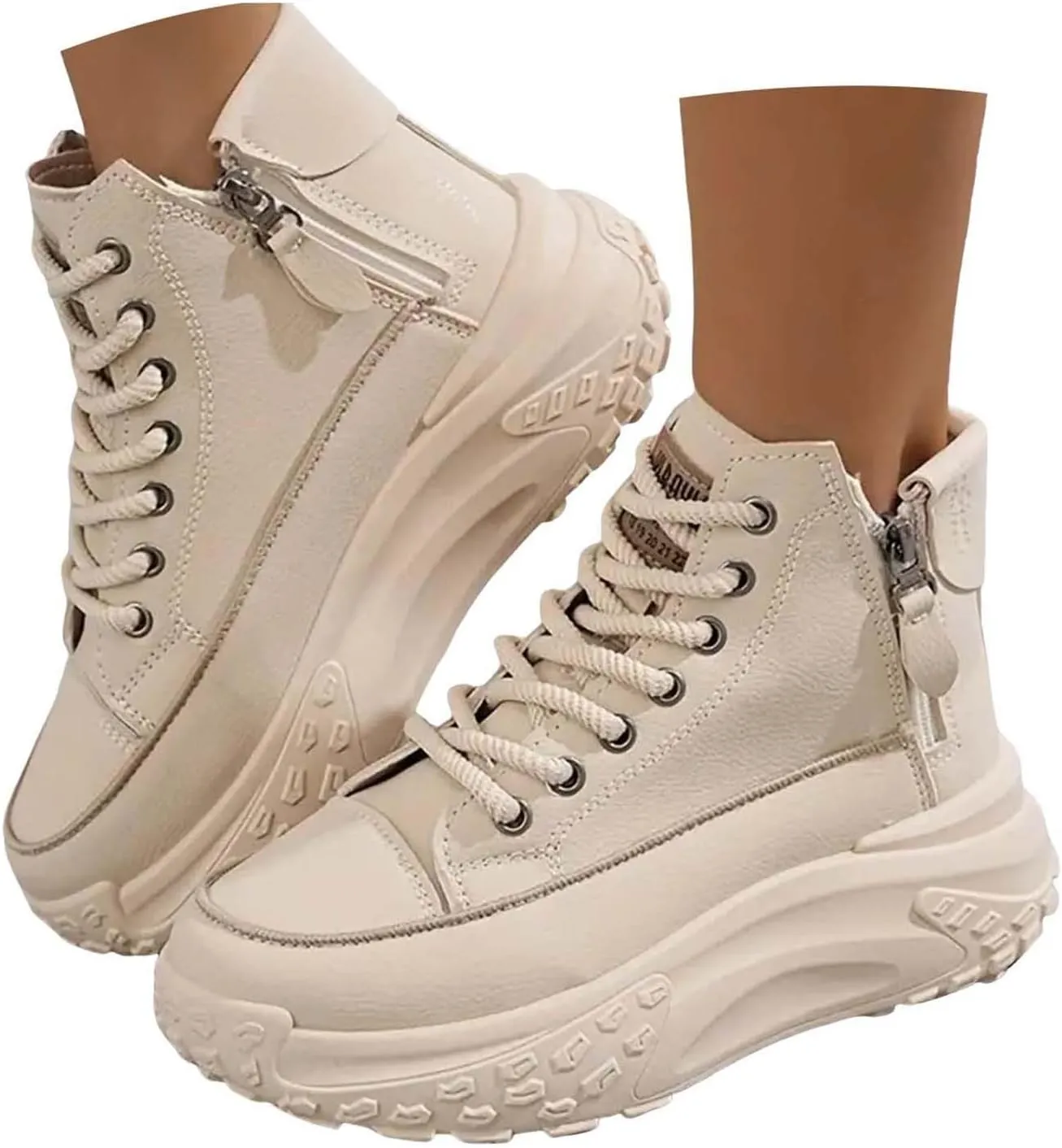 Women's Thick Sole Shoes Fashionable Round Toe Casual Shoes Women's Casual Shoes Height Increasing Shoes Beige
