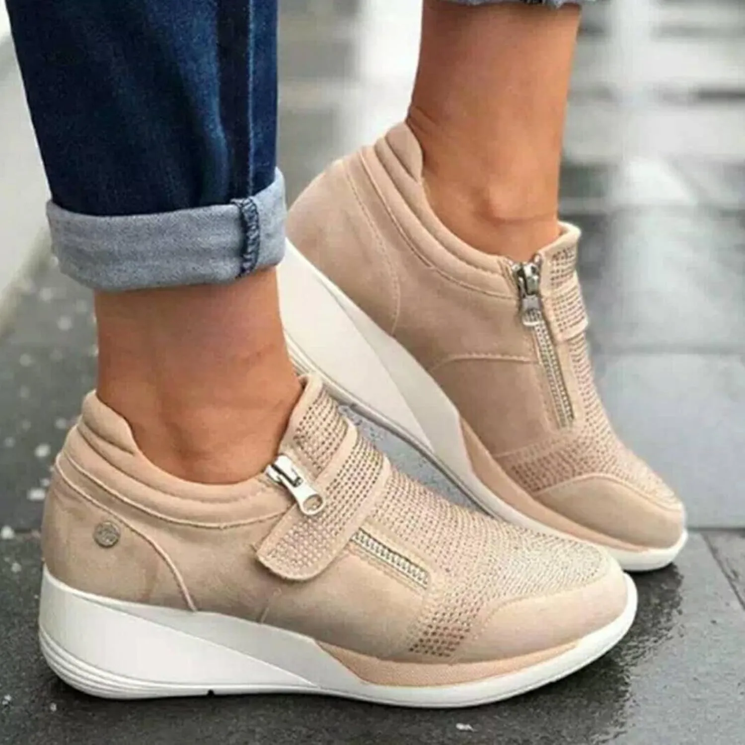 Womens Wedges Breathable Thick Sole Casual Sport Shoes Closed Toe Heeled Comfortable Fashion Sneakers No Lace Comfy Outdoor Walking Shoes for Ladies