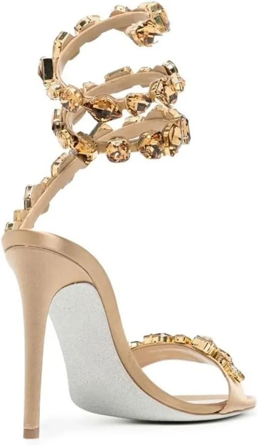 Womens's Crystal High Heels Ankle Strappy Gladiator Satin Stiletto Dressy Heeled Sandals Wedding Pumps