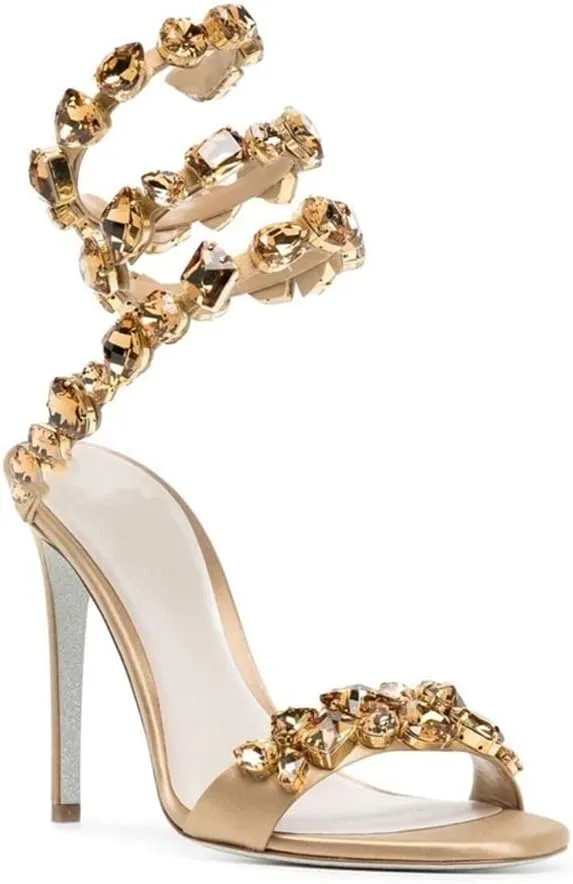 Womens's Crystal High Heels Ankle Strappy Gladiator Satin Stiletto Dressy Heeled Sandals Wedding Pumps