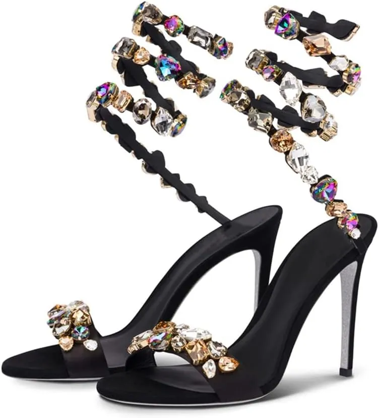 Womens's Crystal High Heels Ankle Strappy Gladiator Satin Stiletto Dressy Heeled Sandals Wedding Pumps