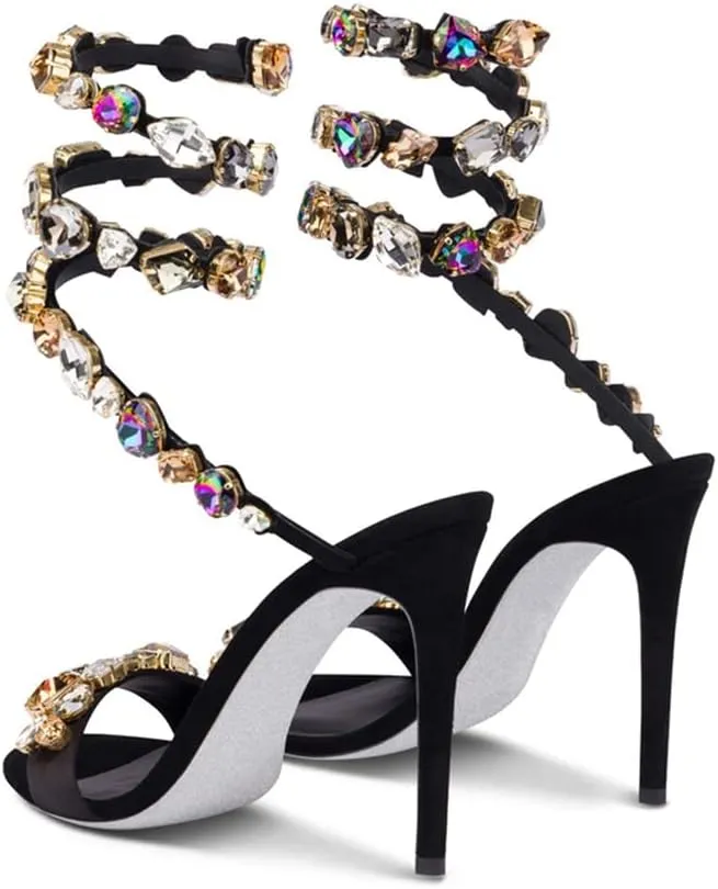Womens's Crystal High Heels Ankle Strappy Gladiator Satin Stiletto Dressy Heeled Sandals Wedding Pumps