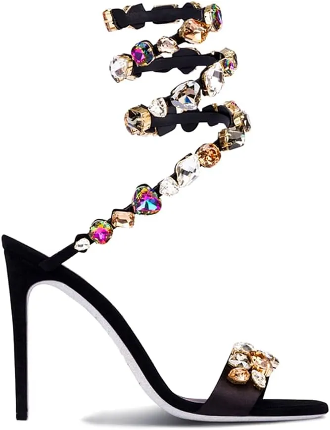 Womens's Crystal High Heels Ankle Strappy Gladiator Satin Stiletto Dressy Heeled Sandals Wedding Pumps