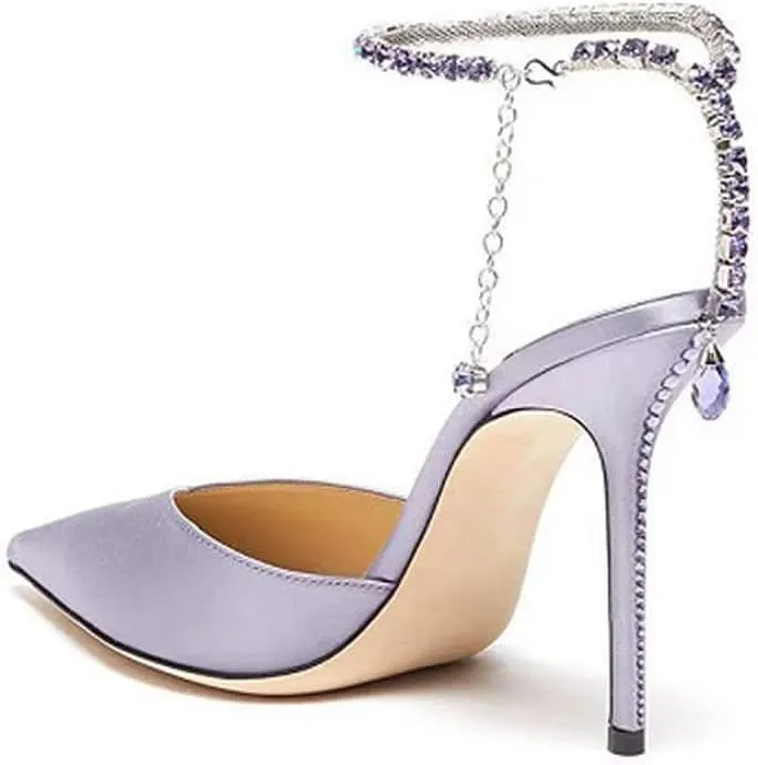 YIYA Women's Crystal Ankle Strap Stilettos High Heels Satin Pointy Toe Party Wedding Heeled Pump Sandals