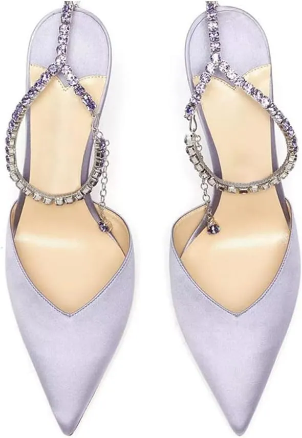 YIYA Women's Crystal Ankle Strap Stilettos High Heels Satin Pointy Toe Party Wedding Heeled Pump Sandals