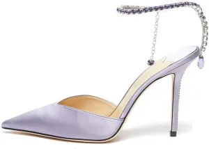 YIYA Women's Crystal Ankle Strap Stilettos High Heels Satin Pointy Toe Party Wedding Heeled Pump Sandals