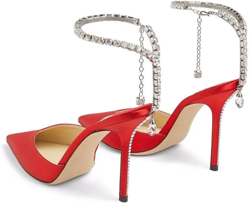 YIYA Women's Crystal Ankle Strap Stilettos High Heels Satin Pointy Toe Party Wedding Heeled Pump Sandals
