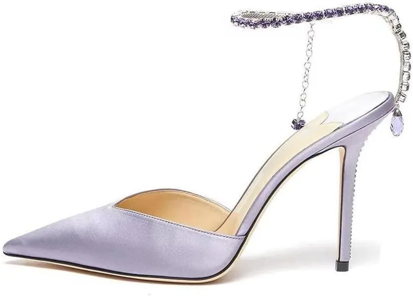YIYA Women's Crystal Ankle Strap Stilettos High Heels Satin Pointy Toe Party Wedding Heeled Pump Sandals