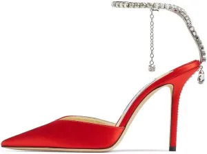 YIYA Women's Crystal Ankle Strap Stilettos High Heels Satin Pointy Toe Party Wedding Heeled Pump Sandals