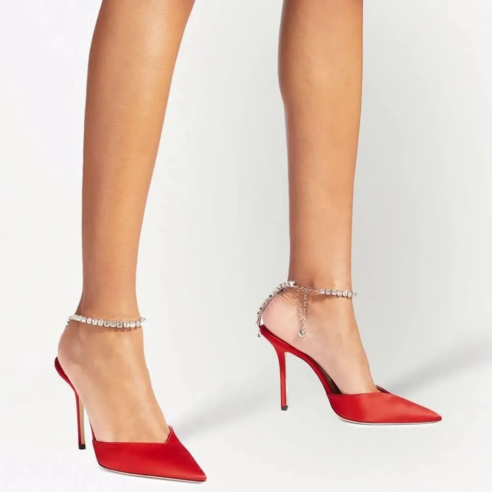 YIYA Women's Crystal Ankle Strap Stilettos High Heels Satin Pointy Toe Party Wedding Heeled Pump Sandals