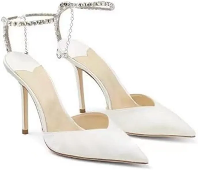 YIYA Women's Crystal Ankle Strap Stilettos High Heels Satin Pointy Toe Party Wedding Heeled Pump Sandals