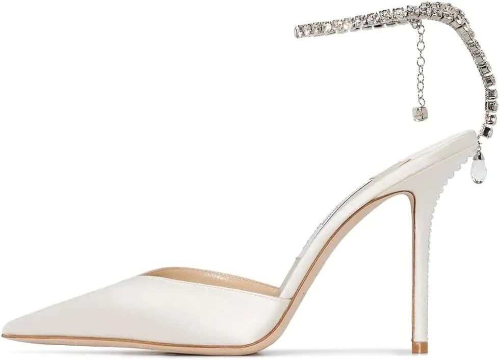 YIYA Women's Crystal Ankle Strap Stilettos High Heels Satin Pointy Toe Party Wedding Heeled Pump Sandals
