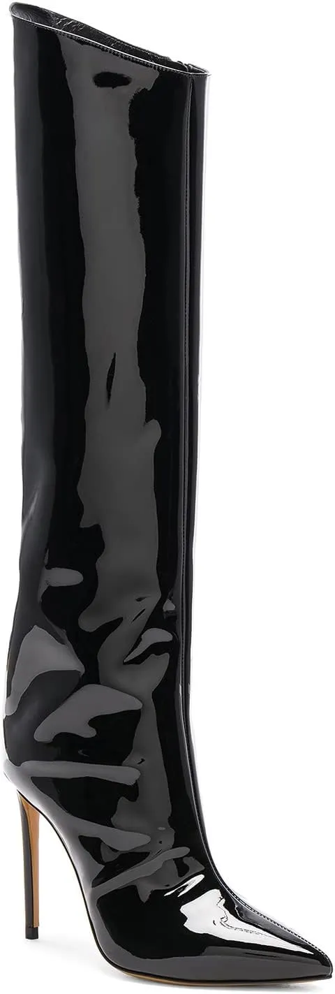 YIYA Women's Patent Leather Knee High Boots Sexy Pointed Toe Stiletto High Heels Metallic Bright Leather Side Zipper Booties Dress Shoes
