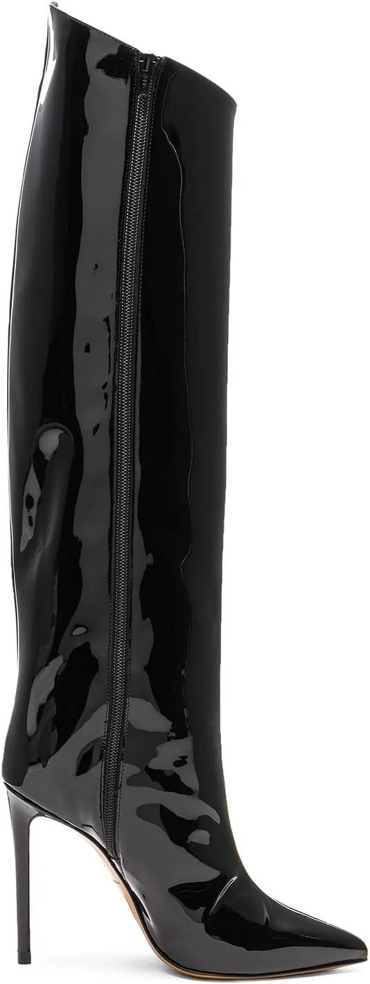 YIYA Women's Patent Leather Knee High Boots Sexy Pointed Toe Stiletto High Heels Metallic Bright Leather Side Zipper Booties Dress Shoes