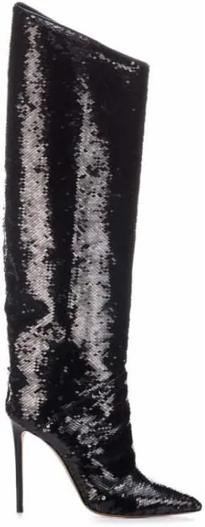 YIYA Women's Patent Leather Knee High Boots Sexy Pointed Toe Stiletto High Heels Metallic Bright Leather Side Zipper Booties Dress Shoes