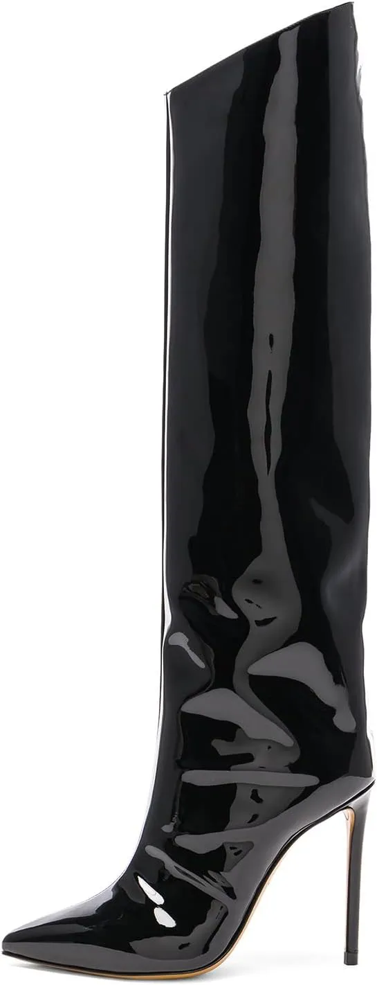 YIYA Women's Patent Leather Knee High Boots Sexy Pointed Toe Stiletto High Heels Metallic Bright Leather Side Zipper Booties Dress Shoes