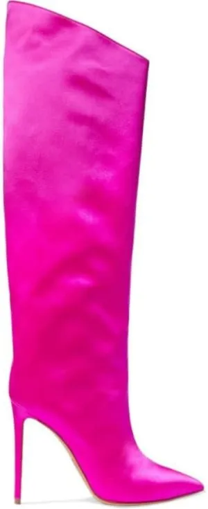 YIYA Women's Patent Leather Knee High Boots Sexy Pointed Toe Stiletto High Heels Metallic Bright Leather Side Zipper Booties Dress Shoes