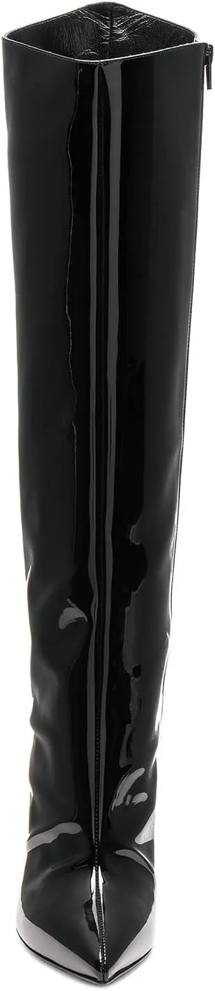 YIYA Women's Patent Leather Knee High Boots Sexy Pointed Toe Stiletto High Heels Metallic Bright Leather Side Zipper Booties Dress Shoes