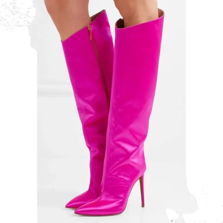 YIYA Women's Patent Leather Knee High Boots Sexy Pointed Toe Stiletto High Heels Metallic Bright Leather Side Zipper Booties Dress Shoes