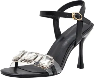 YooPrettyz Women Crystals Open Toe Heels Sandals Dress Pumps Shoes Clear Strap Evening High Heels